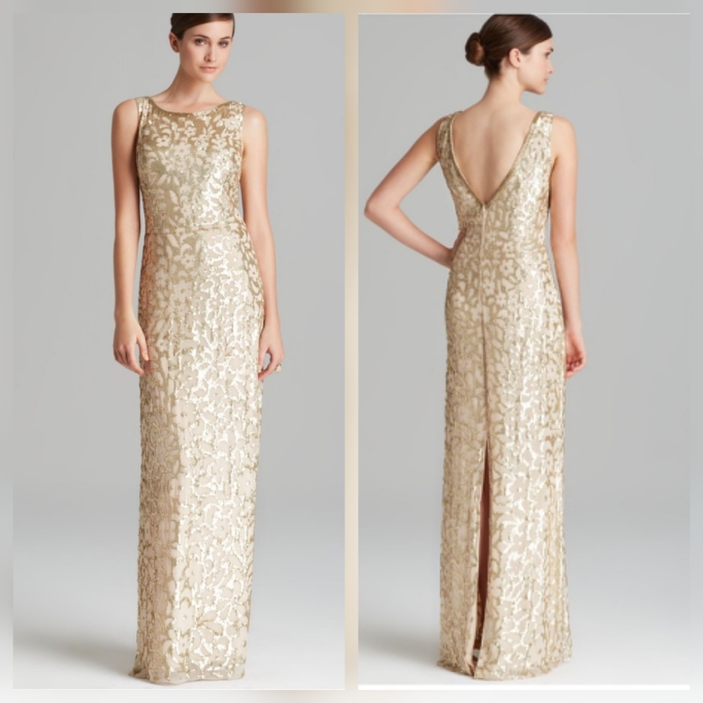 Aidan Mattox Gold Sequin Silk Column Dress, Size 2